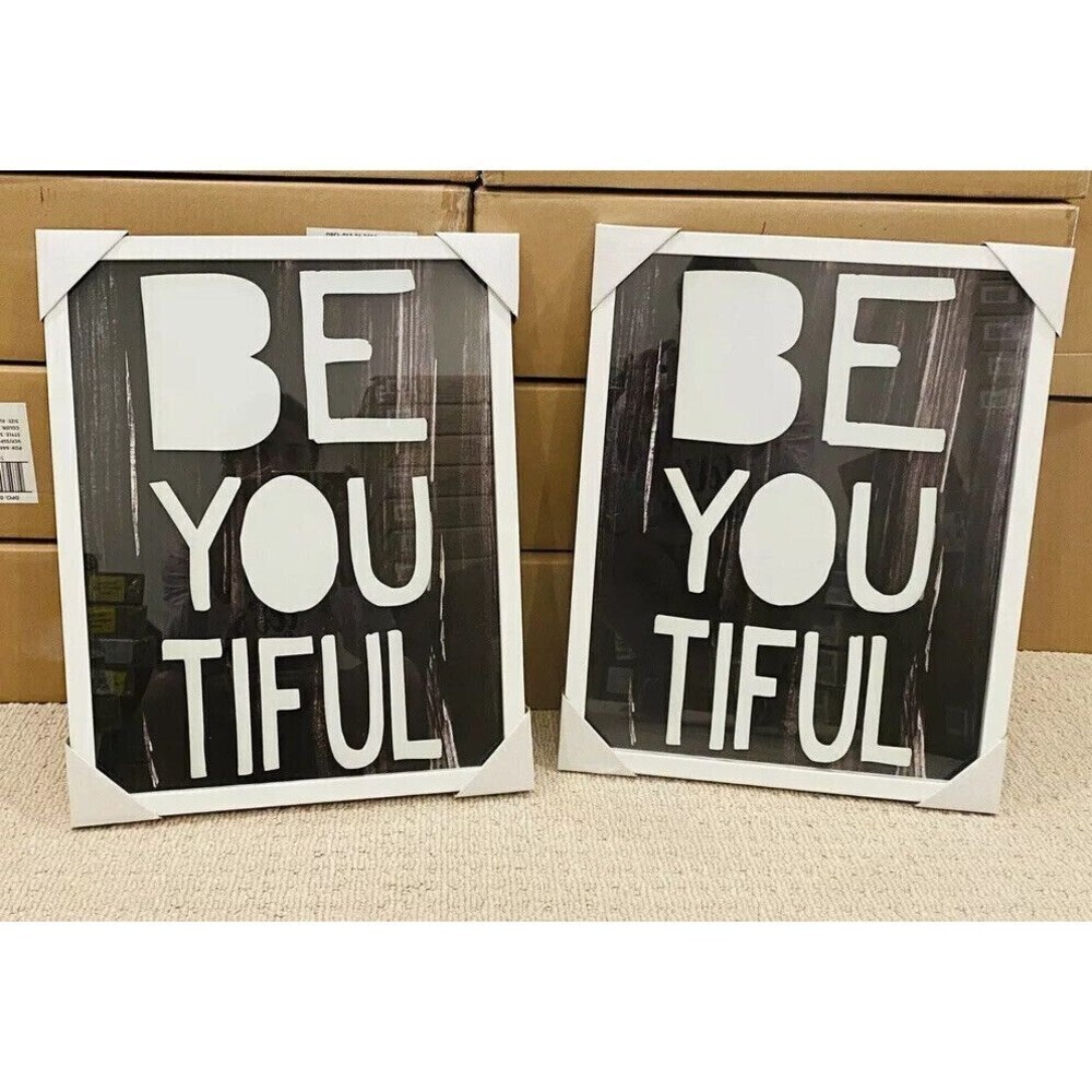 Be-you-tiful Screen Printed Glass Art Pillow fort wall frame white and black